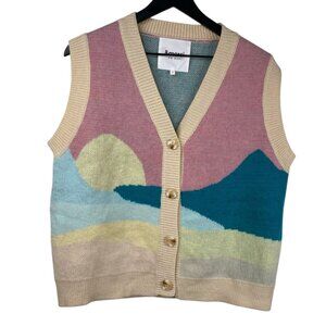&Merci En Merci Sweater Vest Cardigan Sunset Landscape Pastel Sz M Cottage Core